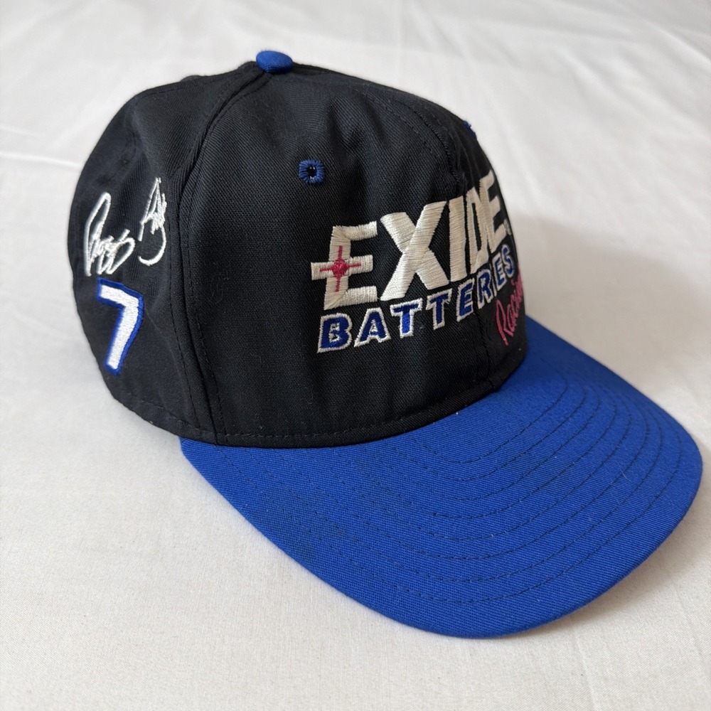 Vintage Geoff Bodine Hat Cap Black NASCAR #7 Exide Batteries Racing USA Made 90s